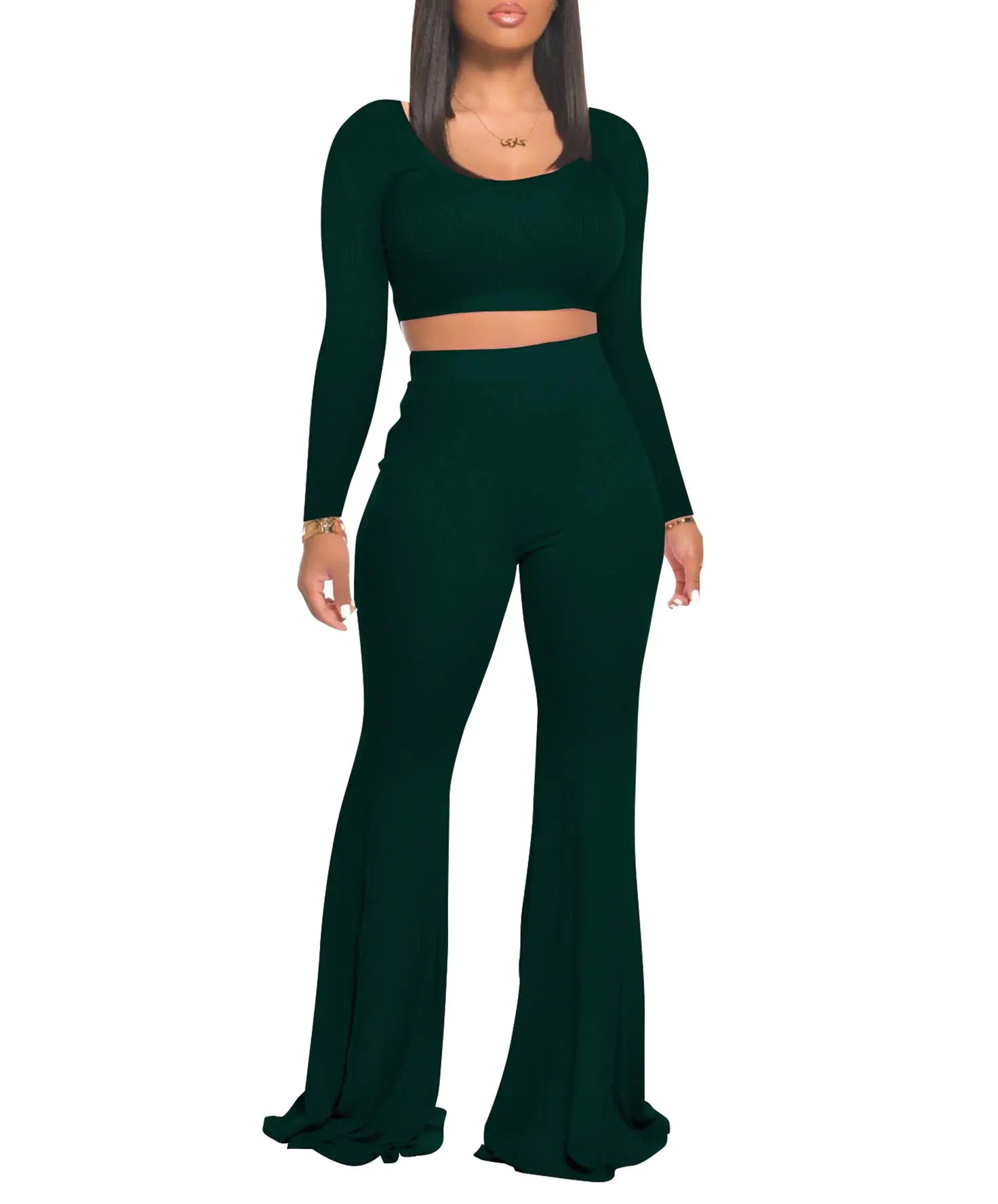 Women 2 Piece Outfits Sexy Crop Top and Skinny Pants Bodycon Tracksuits Set Dark Green