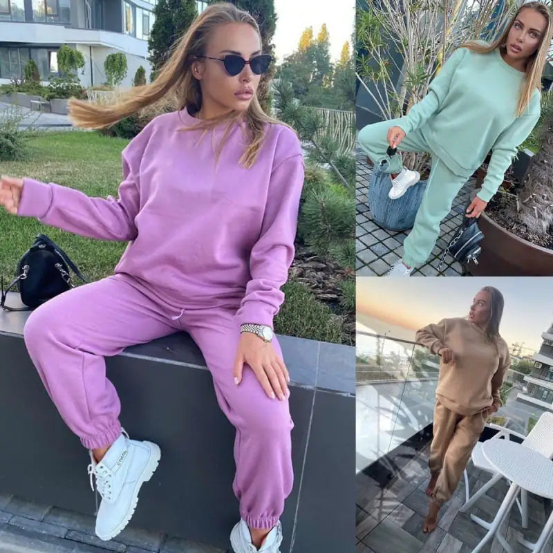 Hooded Solid Color Two-Piece Ladies Athleisure Set