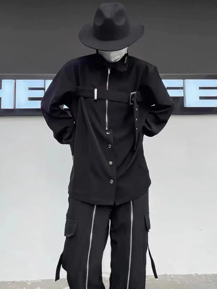 HOUZHOU Techwear Long Sleeve Black Button-Up Shirt