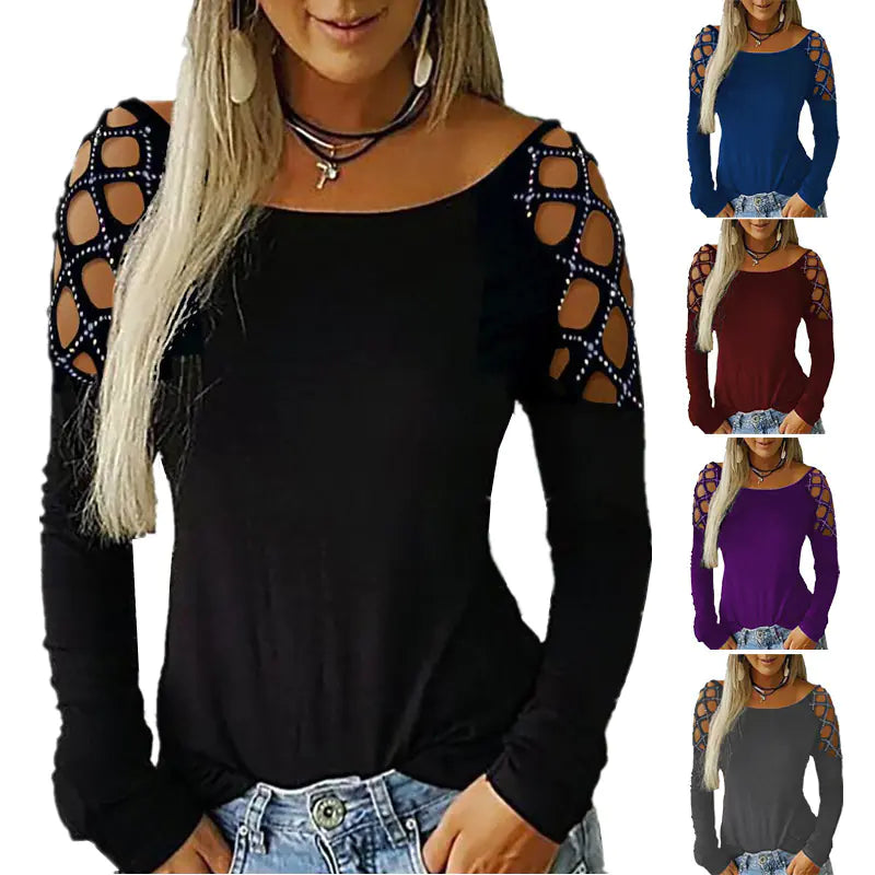 Fall Winter Women's Rhinestone Hollow Long Sleeve Top