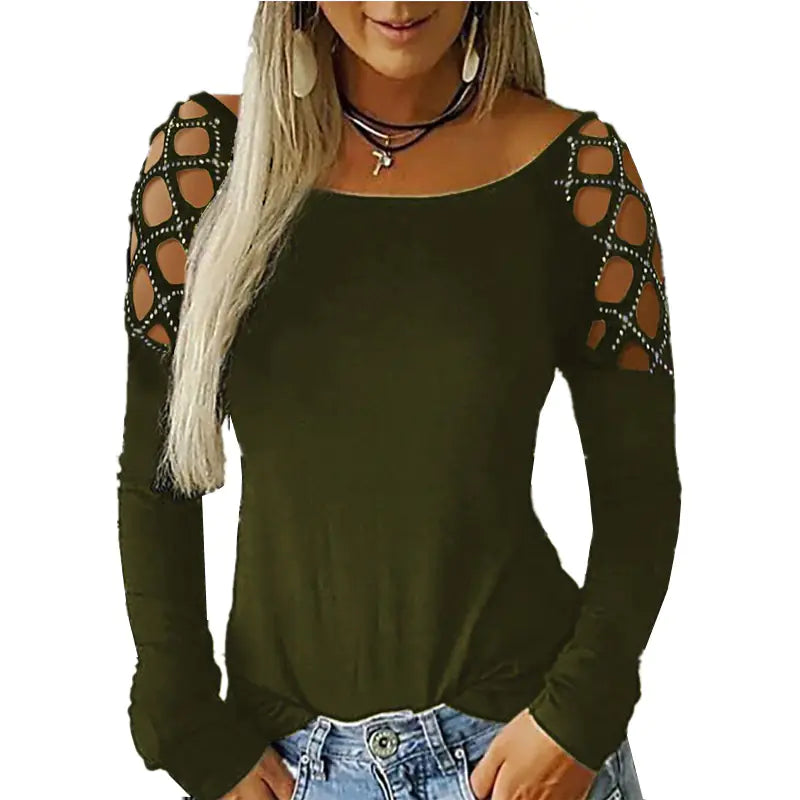 Fall Winter Women's Rhinestone Hollow Long Sleeve Top