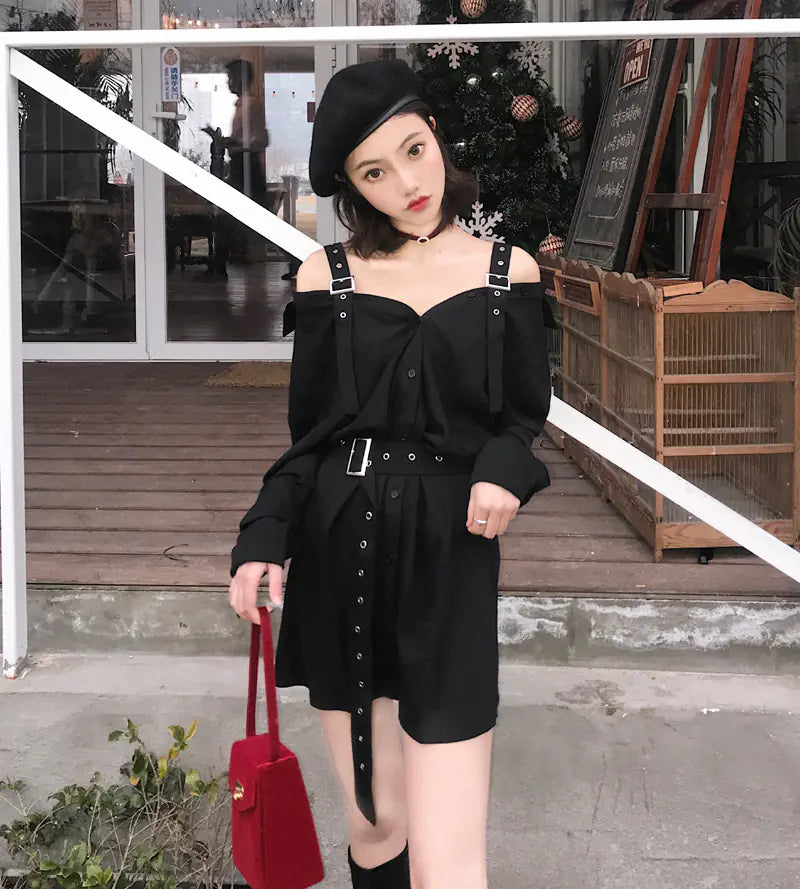 Dark Style Midi Dress with Belt and Sleeves