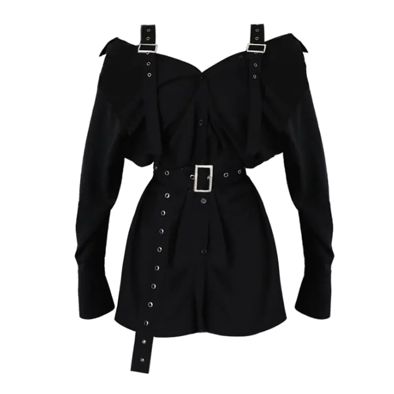 Dark Style Midi Dress with Belt and Sleeves