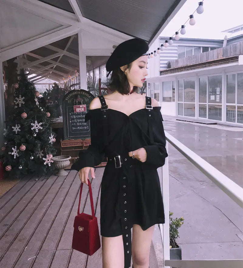 Dark Style Midi Dress with Belt and Sleeves