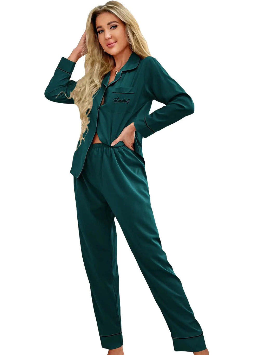 WDIRARA Womens 2 Piece Sleepwear Striped Satin Short Sleeve Shirt and Pants Pajama Set Letter Dark Green M