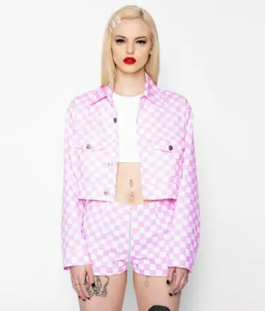 Pink Short Plaid Suit Jacket