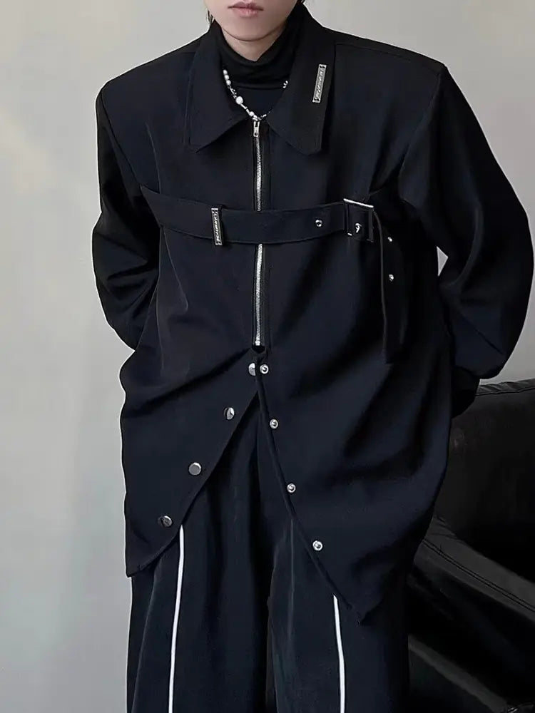 HOUZHOU Techwear Long Sleeve Black Button-Up Shirt
