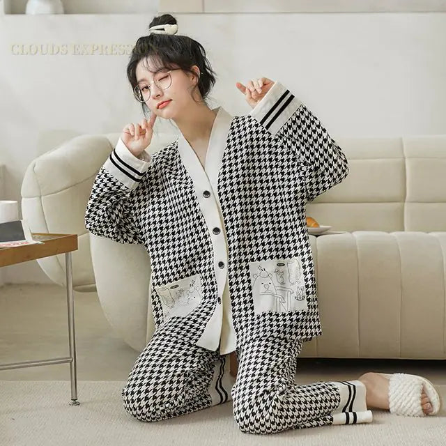 Cartoon Print Polka Dot Pajamas Set for Women