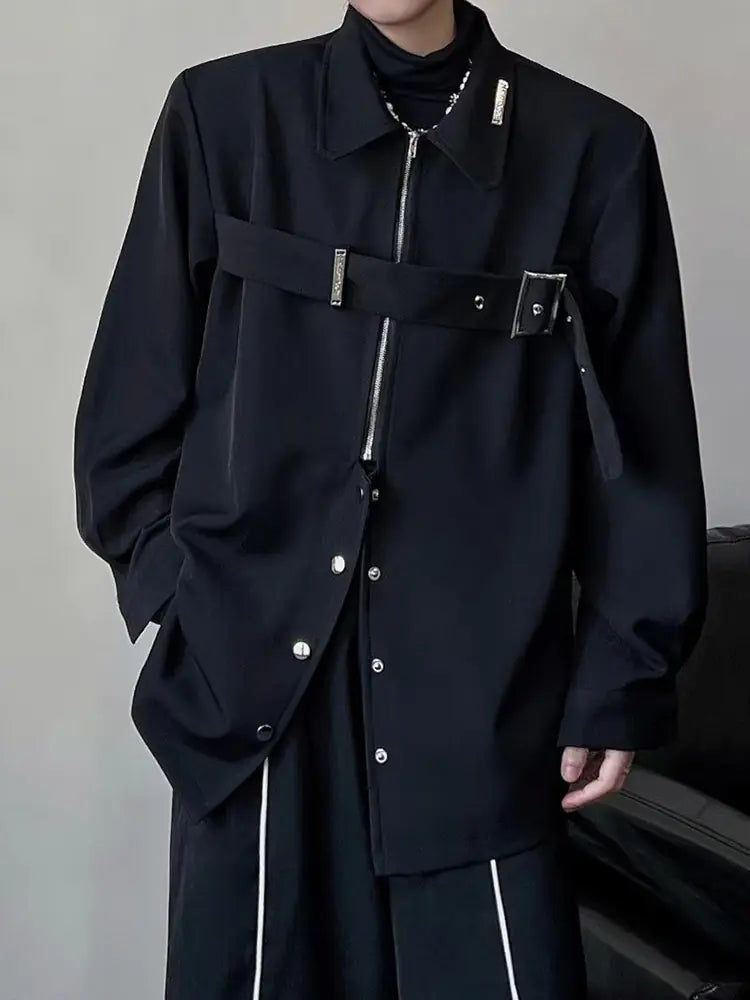 HOUZHOU Techwear Long Sleeve Black Button-Up Shirt
