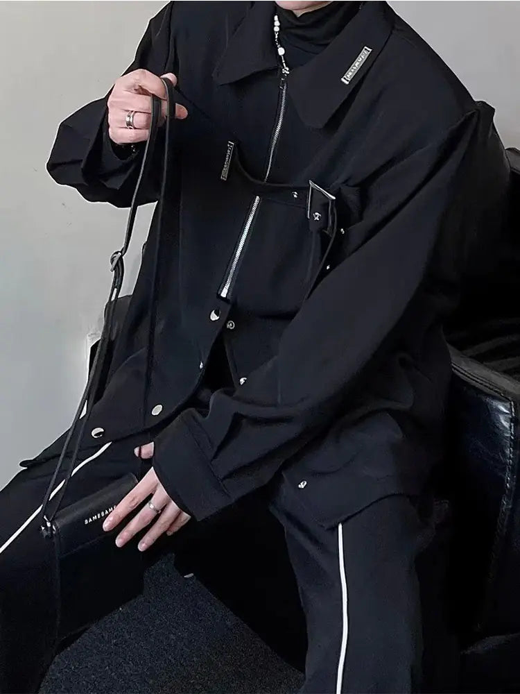 HOUZHOU Techwear Long Sleeve Black Button-Up Shirt