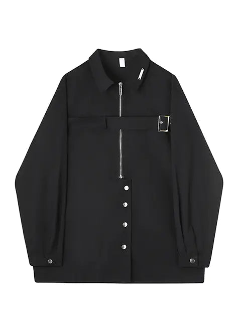 HOUZHOU Techwear Long Sleeve Black Button-Up Shirt