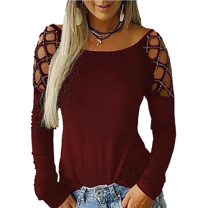 Fall Winter Women's Rhinestone Hollow Long Sleeve Top