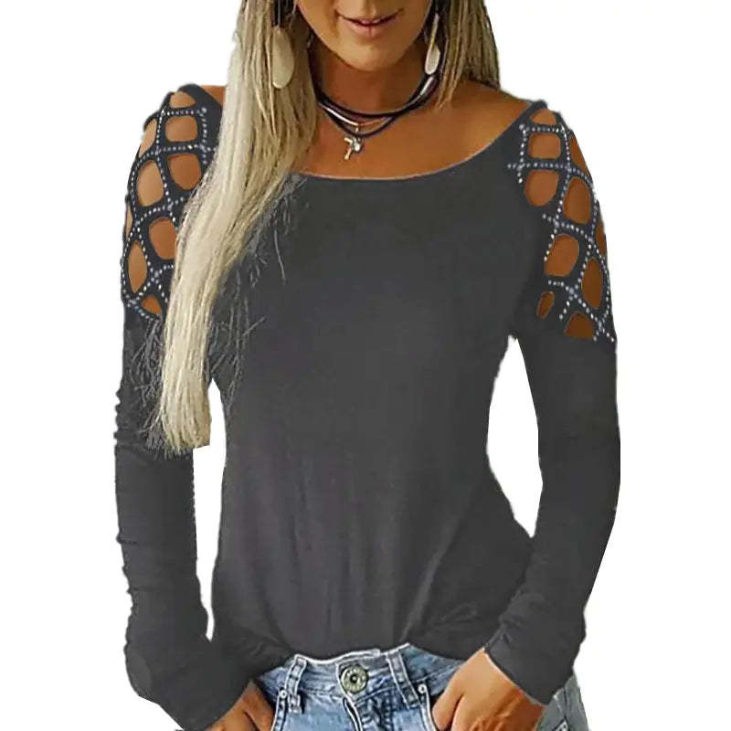 Fall Winter Women's Rhinestone Hollow Long Sleeve Top
